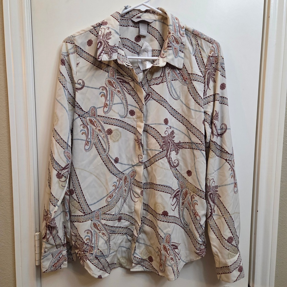 H&M Paisley Print Button Down Long Sleeve Shirt Womens Size 4 Ivory Brown Blue